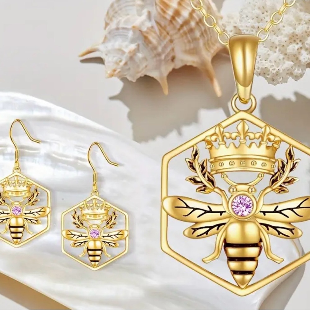 Gold Bee Pendant and Earring Set